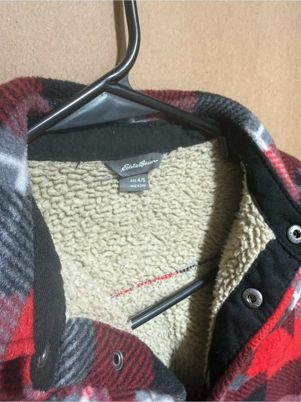 Eddie Bauer Red Black White Plaid Sherpa-Lined Shirt Jacket